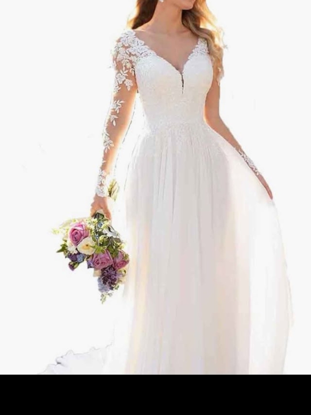 White Lace Long-Sleeve V-Neck Bridal Gown